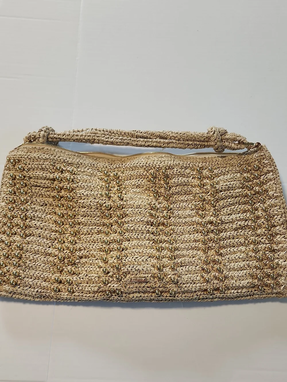 Cult Gaia Raffia Gold Beaded Woven Shoulder Bag